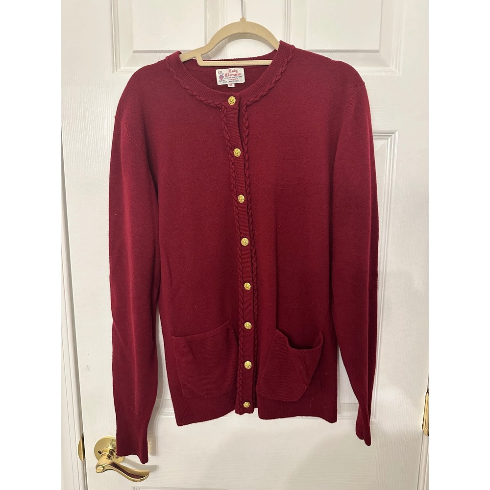 Lady Clansman Lambswool Cardigan Sweater Burgundy Red Gold Buttons XL Vintage